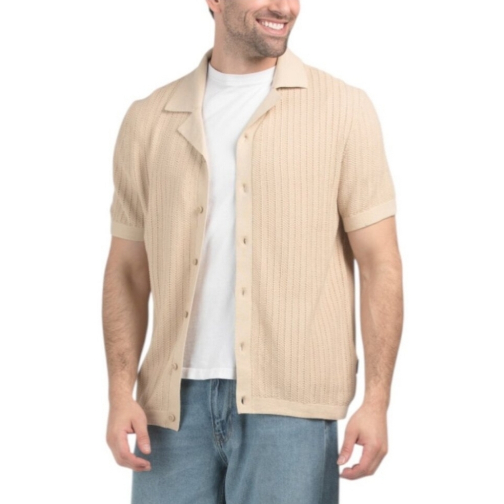 Men's Ben Sherman Knit Short Sleeve Buttom Down Shirt Oatmeal Size L NWT